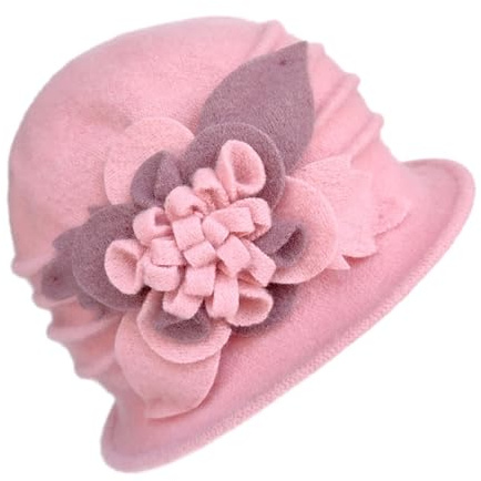 Damer vinter varm ullmössa mössa klockhatt 1920-talet 50-tals solhatt bred brätte tyg, ROSA, one size