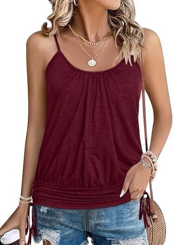 Zeagoo Vest Tops Women Summer Scoop Neck Spaghetti Strap Cami Top | Sleeveless Tank Top|Casual Basic Shirt|Elegant Pleated Cami|Solid Color Camisole|Loose Fit Vest Top|S-2XL