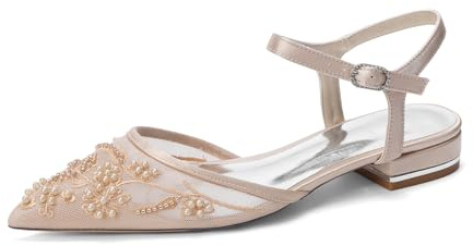 Yhsdfcn Bailarinas de Satén y Malla Slingback con Correa de Cristales, Zapatos de Novia Planos de Talón Abierto con Perlas, Punta Fina Elegante para Fiesta,Champagne,39 EU