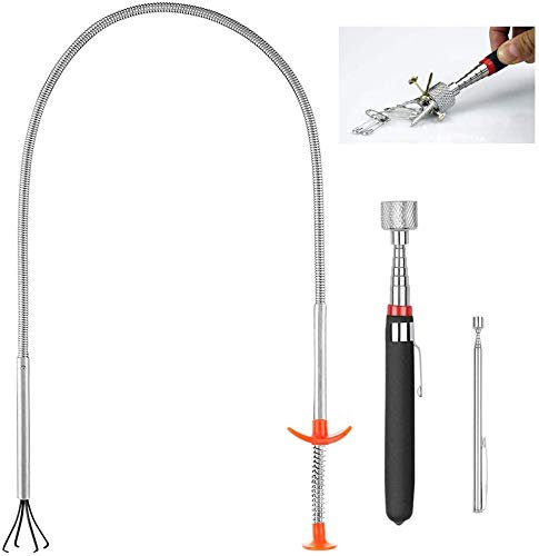 Outils de ramassage magnétiques extensibles et pince de ramassage flexible – Récupération d’aimants télescopiques – Pince courbe flexible extra longue portée pliable avec 4 griffes