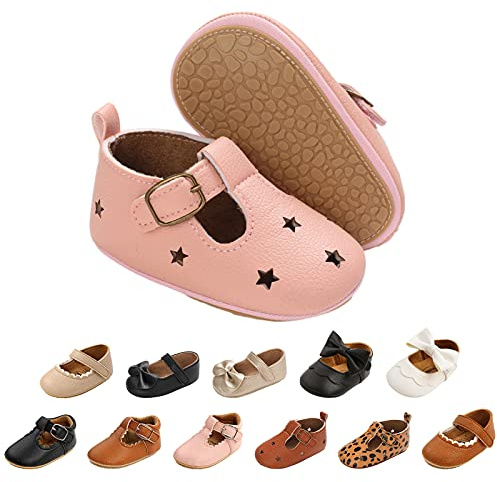 Baby Girls First Walking Shoes Mary Jane PU Leather Anti-Slip Princess Shoes Infant Baby Shoes 0-6 Months,C Pink
