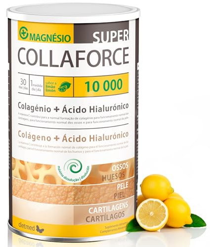 Colágeno Hidrolizado, Magnesio y Ácido Hialurónico - Con Vitamina C y Vitamina D3 - Sabor Limón - Apoya Articulaciones, Piel y Músculos - Collaforce Super 10.000 Dietmed - 450 gramos