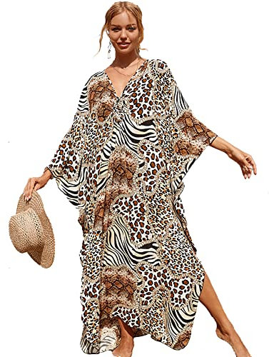 XIVISTO Damen Kaftan Kleider Maxi Lange Boho Lose Strandkleid Strandponcho Sommer V-Ausschnitt Freizeitkleid Bikini Cover Ups