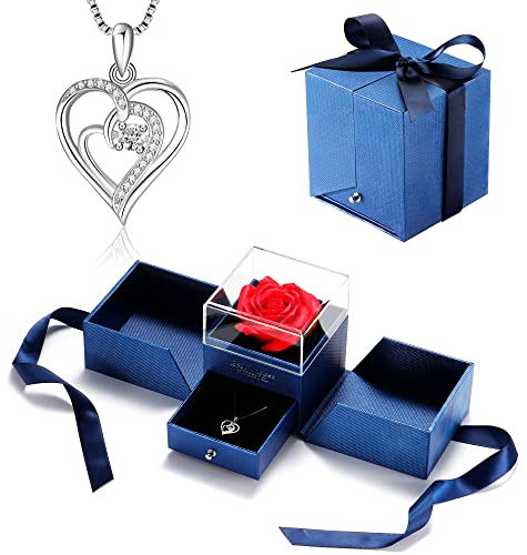 Bellrela Damen Kette Sterling Silber 925 Herz Anhänger Halskette mit Ewige Rose,Valentinstag Muttertag Weihnachten Jubiläum Geburtstagsgeschenk für sie