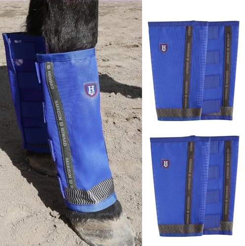 Harrison Howard Loose-Fitting Horse Fly Boots UV-Protective,Tear-Resistant Fine Mesh Leggins Stay-on Comfortable Fly Boots with Ultra-Soft Wool Trim (Set of 4) Signature Blue Full (Large)