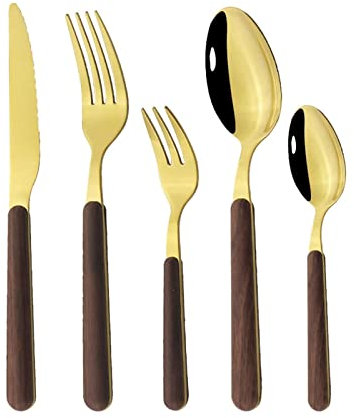 Bestick Set 5ST Servis Set Rostfritt Trä Servis Silverbestick Blank Kniv Tårtgaffel Bestick Diskmaskin Lyx Berlock Bestick Set Rostfritt Stål Decoration