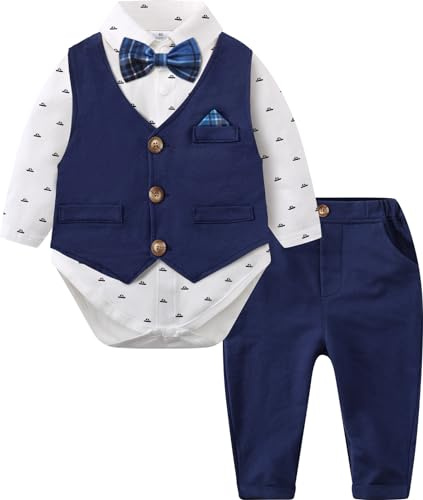 mintgreen Baby Boy Wedding Suit, Kids Christening Bodysuit Waitcoat Gentleman Outfit Set, Blue Plaid, 9-12 Months, 80