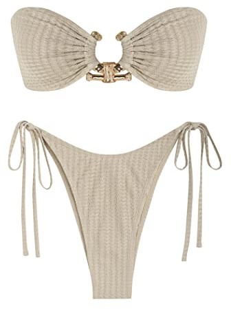 ZAFUL Bandeau Swimsuits for Women Metal Ring Tie Side Bikini Textured Swimwear 2 Piece Bathing Suit Beige L