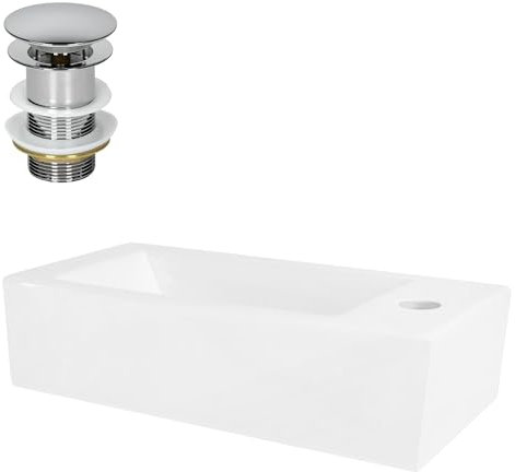 ML-Design Lavabo en Céramique Carré, Blanc 46 x 26,5 x 11 cm, avec Vidage Chrome, Trou pour Robinetterie à Droite, Vasque à Poser, Montage Mural, Vasque à Main, Évier Lave-Mains pour Salle de Bain