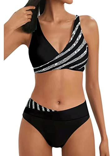 Ainiyo Bikini push-up élégant deux pièces à rayures à paillettes maillot de bain string maillot de bain taille haute bikini confortable doux épaules dénudées