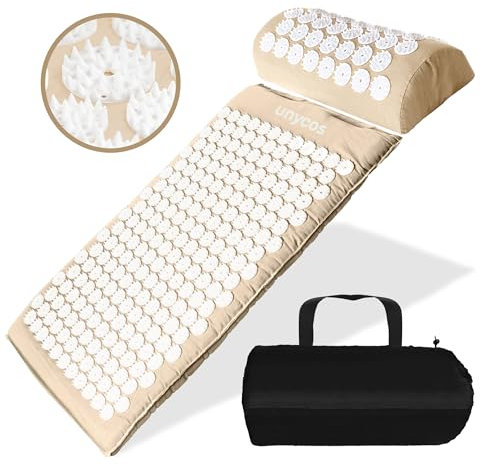 unycos - Set de Acupresión - Esterilla, Cojín con Púas y Bolsa de Transporte - Tapete de Masaje con 178 Pines de 36 Puntas para Alivio del Dolor, Relajación Muscular, Rehabilitación (Beige)