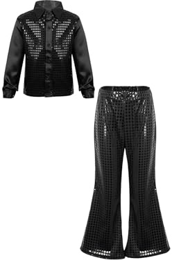 IEFIEL Traje de Baile Latino Jazz para Niños con Lentejuelas Brillante Camisa de Manga Larga y Pantalones Acampanado para Actuación Competición 7-14 Años Negro 13-14 años