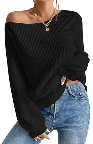 Onsoyours Femme Oversize Mailles Col Une Pièce Chandail Tricot Pull Epais Loose Pull Grosses Mailles Manche Longue Pullover Ample Hiver Epaules Dénudées Sweater A Noir L
