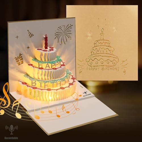 LUZOON 3D Pop Up Tarjeta de Cumpleaños, Puede grabar música traer y luz Tarjetas de Cumpleaños，Regalo de feliz cumpleaños para mujeres, hombres, niños, niñas, madres, amigos.