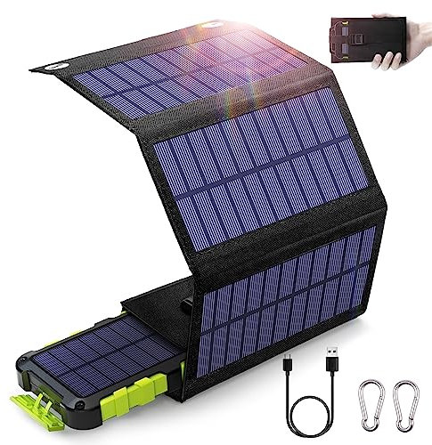 Cargador Solar Power Bank 20000mAh con 4 Paneles Solar, Portátil Batería Externa PD 15W 3 Salidas USB Puertos y Linterna LED, Solares Plegables Cargador para Móvil, Tabletas y Acampar al Aire Libr