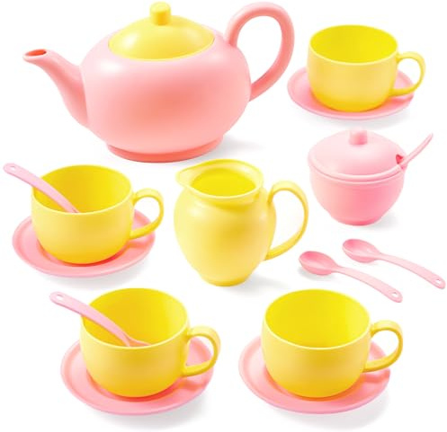 JOYIN 18PCS Pretend Tea Party Set, Pink Plastic Tea Set, Mini Kitchen for Kids, Gifts for Kid Boys Girls, Easter Birthday Gifts