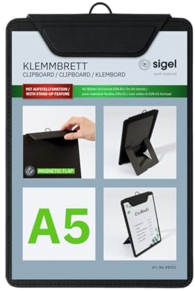 Sigel KB101 Klämbräda A5, svart, med stativfunktion, stabil, snygg klippbräda med ädel linnstruktur, slitstark och lätt att torka av, för menyer