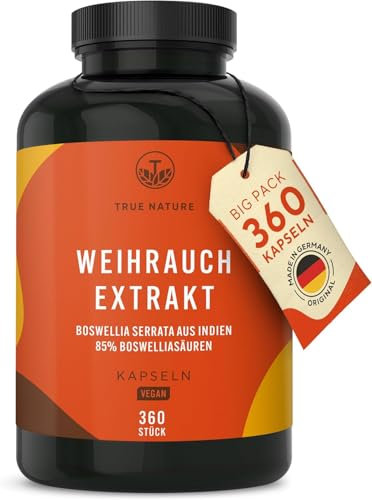 Weihrauch Kapseln Hochdosiert - 28000mg (14:1) Extrakt pro Tag - 360 Kapseln - Indischer Boswellia Serrata - 85% Boswelliasäure - Vegan, Deutsche Produktion - TRUE NATURE