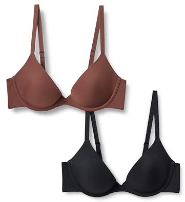 Amazon Essentials Women's Microfibre Lined Wired Scoop Bra, Pack of 2, Black/Rich Hazel, 32D