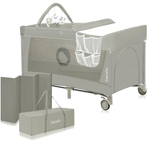 lionelo Flower Camita de Viaje 4 en 1 65 x 125 x 76 cm para niños hasta 15 kg Colchón Organizador Cambiador Toy Bar Juguetes interactivos 2 Reudas Compacta Bolsa para Transportar Gris (Cappuccino)