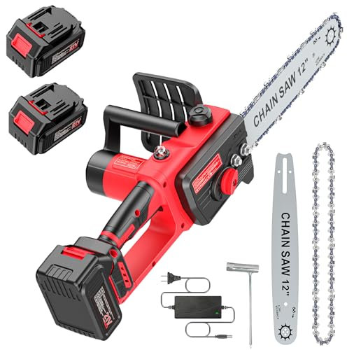 Mini Motosierra Bateria 12 Pulgadas, 6000mAh Motosierra Eléctrica, Motosierra de Mano, Motosierra Inalámbrica Portátil para Podar Árboles de Jardinería, 2 * 3000mAh Baterías