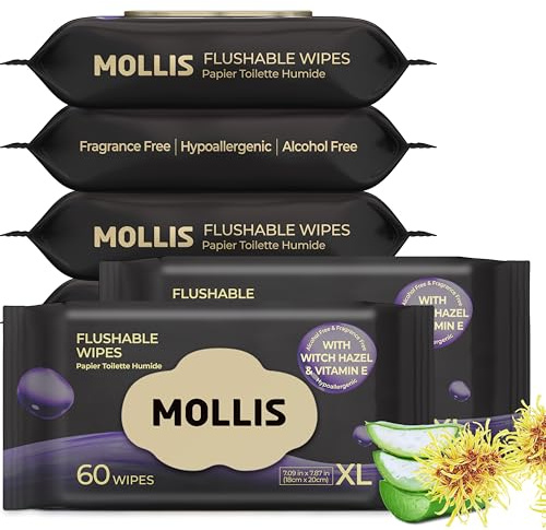 MOLLIS Moist Toilet Tissue Fragrance-free, Witch Hazel Wipes 360 Count | Flushable Wet Wipes for Adults, Intimate & Body Care with Aloe Vera