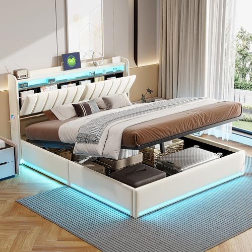 KSFASHZ Cama Tapizada 140x200 con Almacenaje, Camas Matrimoniales con Luces LED y Enchufe USB, Cama Canape 140x200 con CabeceroCama Acolchada con CanapeCama Doble Matrimonio Moderna, Sin colchón