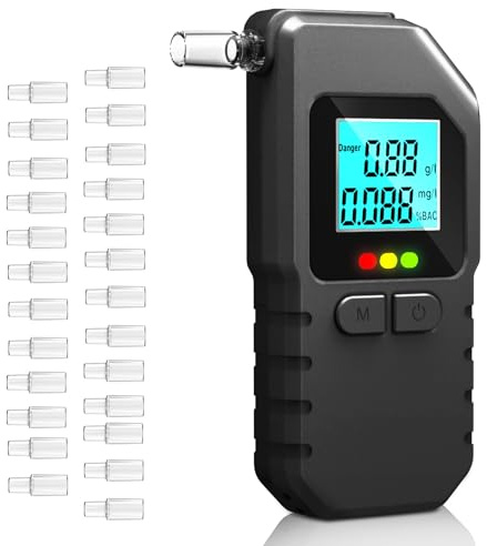 Alkoholtester mit Zwei Sensoren, Tragbarer Promillemessgerät mit Digitaler LCD-Anzeige, Professioneller Alkoholtester Polizeigenau für Den Persönlichen und Professionellen Gebrauc mit 25 Mundstücke