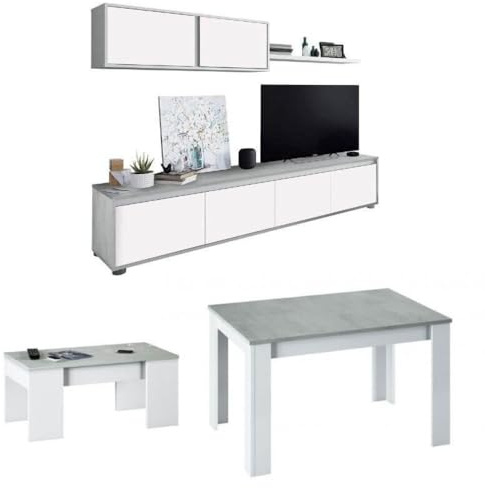 Mobelcenter, Conjunto Salón Cemento, Incluye Mueble de Salón, con módulo Superior y módulo Inferior, Mesa de Salón y Mesa de Centro, Acabado Color Blanco Artik y Cemento (P0041)