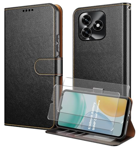 WQRTYJK Fodral för Honor X5C/X5C Plus, med skärmskydd härdat glas flip plånbok premium RFID PU-läder plånboksfodral [magnetisk] [stativfunktion] - svart