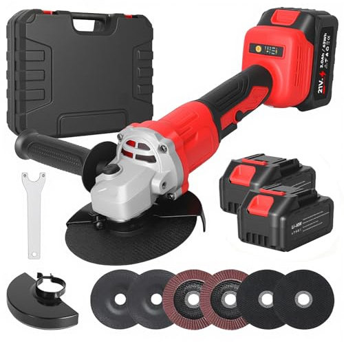 Amoladora Angular a Batería 2x 3000 mAh& Cargador Rápido, 21V, 125 mm Amoladora Angular Eléctrica sin Escobillas con 6 Discos para Cortar, 3 Velocidades, 12.000 RPM, para Cortar, Desbastar
