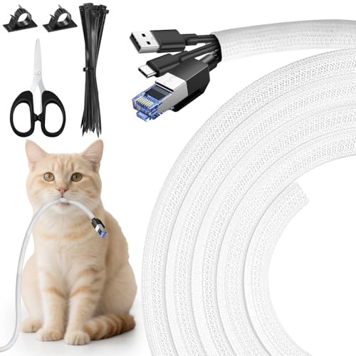 3M Cable Protector Animal Proof 10mm, Cable Tidy Sleeve with Zip tie, Cable Management, Tubing Cable Sleeve, Flexible Expandable Cable Tidy Sleeve for USB Power Cord Audio Video, White