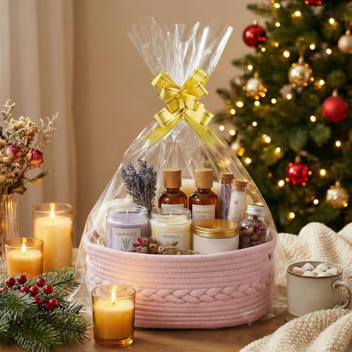 COSYLAND Small Woven Rope Basket with Handles – Soft Decorative Cotton Storage Bin for Nursery with Gift Ribbons and Bags - Basket Organizer for Gifts & Winter (Light Pink,30Lx20Wx13H)