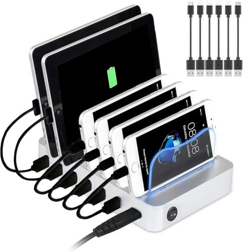 PRITEK Charging Station Dock & Organizer Compatible with Cellphone Tablet & Other Gadget 6-Port USB Charger Station & Docking Station with Charging Status Indicator include 6pcs cable (Silver)