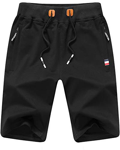 ZOXOZ Short Homme Sport Coton Noir L - Short Court Homme Jogging Fitness Tennis avec Poches Zippées et Taille élastique