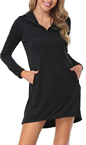 HDE Beach Coverups for Women UPF 50 Long Sleeve Swim Cover Up Dress with Hood Quick Dry Sun Protection Tunic with Pockets Black - XL