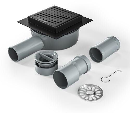 Bernkot Canaleta de ducha cuadrada 10 x 10 cm, sifón de 360° con antiolores y colador de pelo, acero inoxidable, desagüe de suelo, desagüe de ducha, muy plano, DN50 DN40, negro