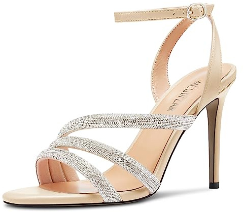 HEUIVZAR Donna Spillo Alto High Tacco Heel Aperte sulla Punta Cinturino alla Caviglia Diamante Cristallo Sandali Ballo Feste Sexy Scarpe 10 CM Heels Nudo 37 EU