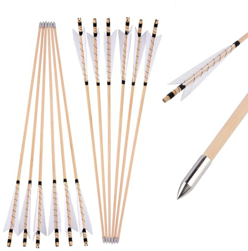 12 Pcs Flechas de Madera 32 Flechas de Caza con Pluma de Pavo para Arco Tradicional Arco Recurvo Arco Largo (Blanco)
