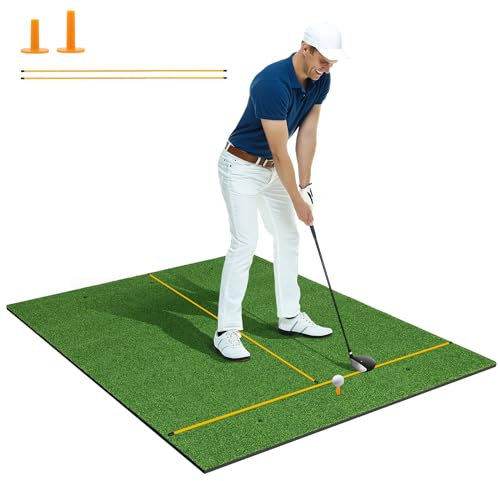 COSTWAY Golf Hitting Mat, 5 x 4 FT Artificial Turf Mat with 2 Rubber Tees and 2 Alignment Sticks, Golf Training Mat for Home Backyard Garage(22mm thick)