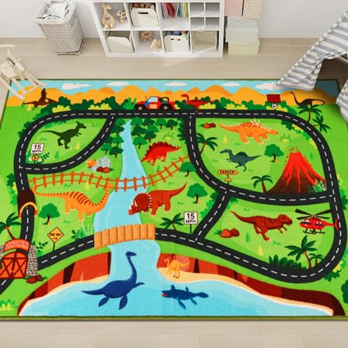 Kids Car Rug,59X39.4 Dinosaur Car Carpet for Kids Toy Cars,Non Slip Dino Safari Road Map Kid Rug for Playroom Bedroom Boys,Kids Play Mat Road Rugs,Track Rug Car Play Carpet for Kid