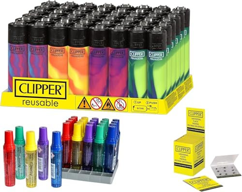 Pack de 48 Encendedores Clipper - Seguros y Recargables - Colores Variados - Refillable +5 Gas ISOBUTANO para MECHEROS + Clipper 9 Piedras de Mechero (Nebula Mix 1)