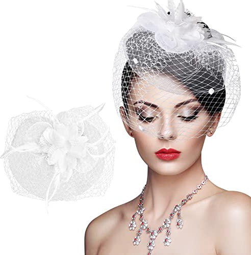 Piume Fascinator Cappelli – Velo con maglia e piuma, copricapo chiesa, cappello a rete piuma, cerchietto per capelli da sposa per ragazze e donne (bianco)