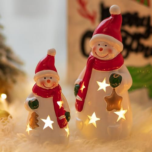 NUPTIO LED Snowman Christmas Decoration Ceramic - 2 Pieces Light Up Snowman Figures XMAS Gifts Illuminated Winter Indoor Porcelain White House Window Mood Light(Including 2 Button Cell Batteries)