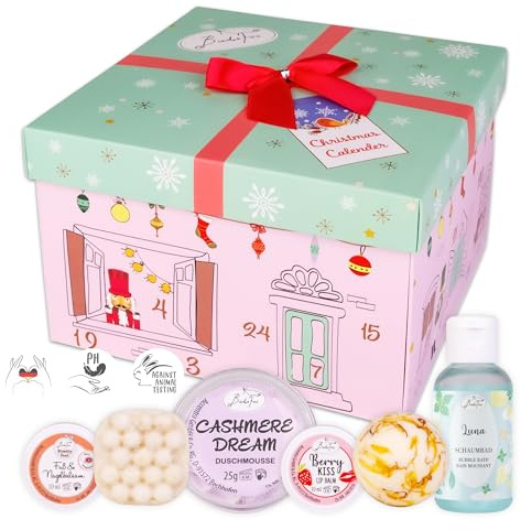 Calendario dell'Avvento BadeFee Schiaccianoci 2025 con 24 prodotti cosmetici: mousse doccia, crema deodorante, crema mani - senza parabeni e siliconi - fatto a mano in Germania