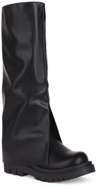 HQINGAXU Donne Stivali Alti da Equitazione in Pelle con Punta Rotonda Tacco Chunky Stivali Biker Lunghi con Risvolto Stivali Caldi Invernali Stivali da Lavoro A Polpaccio Largo,Nero,42 EU