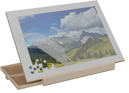 Relaxdays Puzzlebrett mit 2 Schubladen, für Puzzle bis 1000 Teile, neigbar, Holz Puzzlematte, Puzzleplateau, Natur/grau