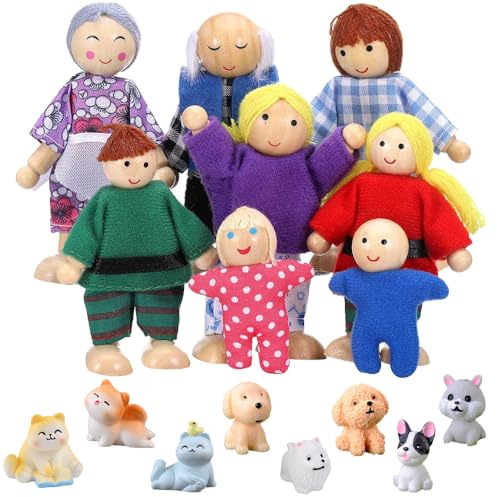 BIZOI Happy Family Dolls Playset, Wooden Figures Set of 8 People, Wooden Dollhouse People Family Set with Cat and Dog Doll Accessories for Doll house Kids Children Birthdays Gift