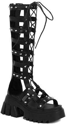 Veelau Meieer Sandalias de gladiador con plataforma para mujer Sandalias romanas con cordones con tachuelas Cremallera, piel lisa negro, 39 EU
