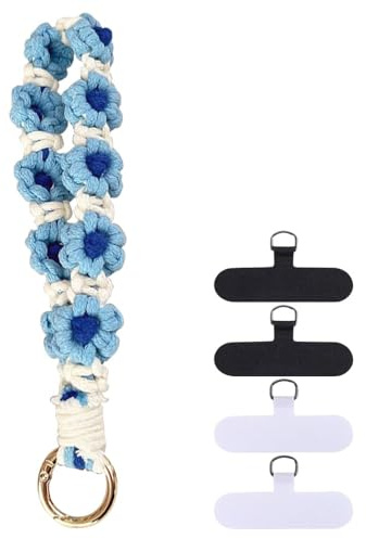XFSRG Cordino per Cellulare in Stile Boho con Fiori Intrecciati Laccio per Telefono Colorato e Resistente Accessorio per Donna e Ragazza Adatto per Tutti i Modelli di Smartphone (Fiori blu)